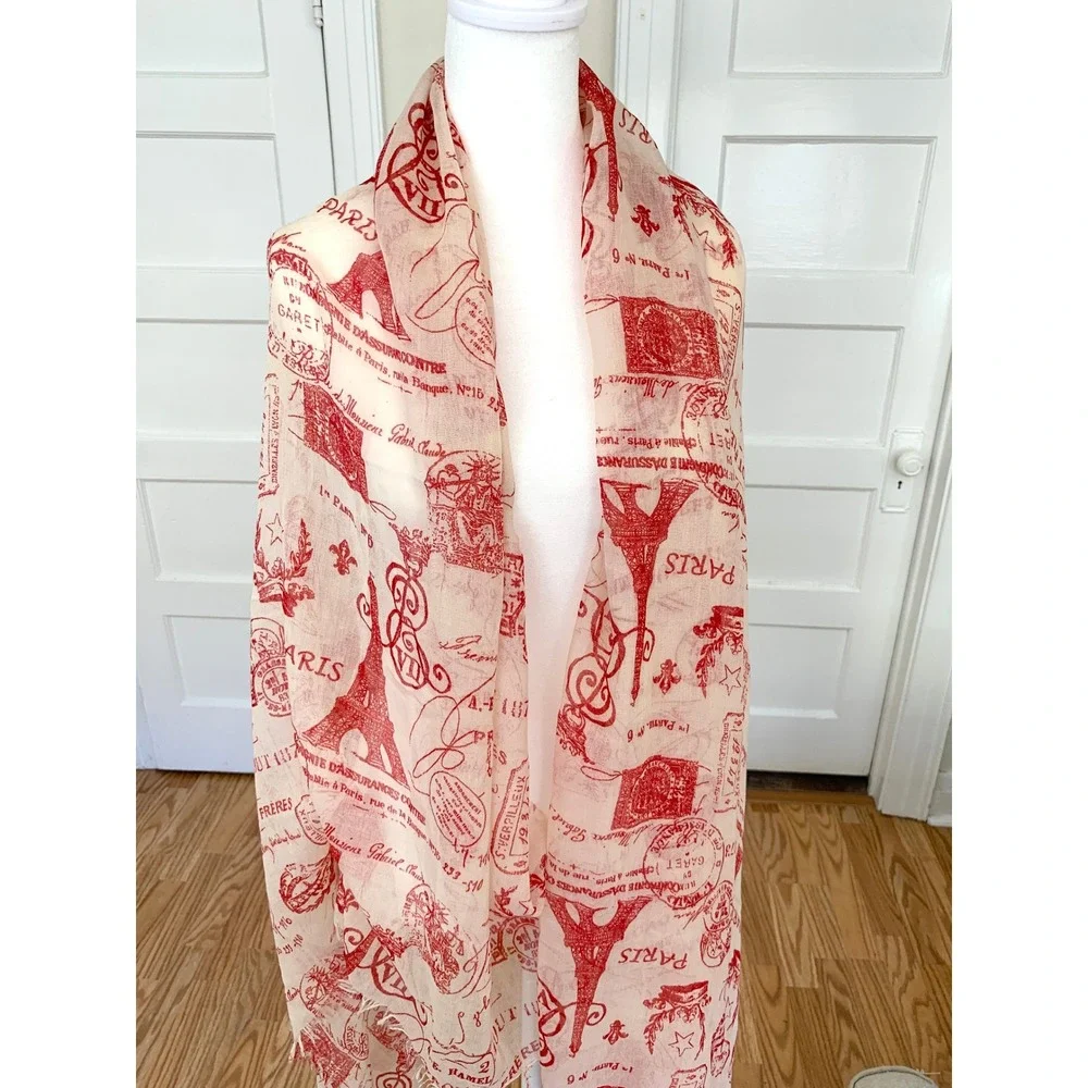 Parisian Sheer Scarf Eiffel Tower Postmarks Crowns Red Ivory 45x68 Travel Wrap